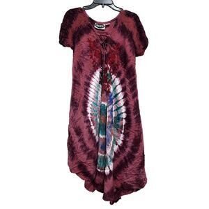 Mamta Dress Womens One Size Burgundy Tie Dye Boho Tunic Lace-Up Embroidered